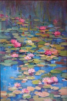 a painting of water lilies and lily pads