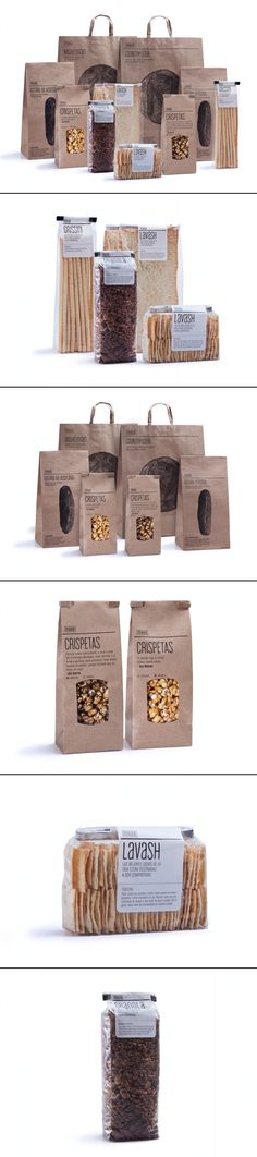 four different types of paper bags with food in them and the same type of packaging