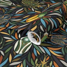 an artistic wallpaper with colorful flowers and leaves on it's surface, including a vase