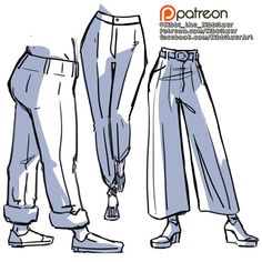 three different types of pants and shoes, one with the legs folded up to show the bottom