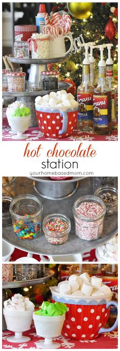 hot chocolate station at a christmas party with candy and marshmallows in bowls