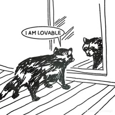 a drawing of a cat looking at itself in a mirror with the caption i am lovable