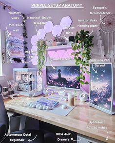 Purple Game Room Aesthetic, Feminine Pc Setup, Computer On Desk Aesthetic, Pretty Chairs For Desk, Small Gaming Pc Setup, Art Tablet Desk Setup, Purple Interior Design Office, Cute Pc Gaming Setup, Gamer Desk Setup Aesthetic