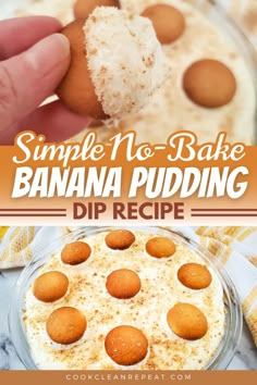 a close up of a person holding a piece of bread with bananas in it and the text overlay reads, simple no bake banana pudding dip recipe