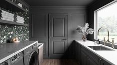 A gray two-panel door in a classic laundry rooms with gray walls and floral wallpaper Update Interior Doors, 2 Panel Door, Solid Core Interior Doors, Staircase Outdoor, Dwell Magazine