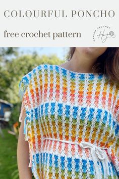 a woman wearing a colorful crochet top with text overlay that says, free crochet pattern