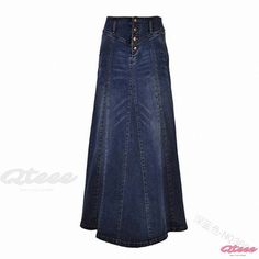 Qteee - High-Waisted Denim Skirt with Pockets, Loose Fit, Button Closure, and Knee-Length Design Burgundy Skirts, Long Skirt Jeans, Long Skirt Winter, Denim Button Skirt, Vestidos Retro, Long Jean Skirt, High Waisted Denim Skirt, Long Denim Skirt, Striped Maxi Skirts