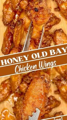 honey old bay chicken wings on a cutting board with text overlay that reads honey old bay chicken wings