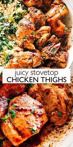 juicy stovetop chicken thighs served with rice and spinach