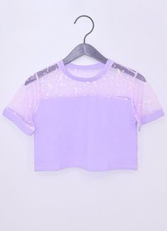 Harajuku Fairy Kei Moon and Stars Crop Top. Kawaii Lilac Color Mesh Crop Top Model Is wearing a size Medium Material: Cotton/ Poly Mix Cute Purple Crop Tops, Purple Crop Top Outfit, Purple Lifestyle, Kawaii Crop Top, Flower Outfits, Pastel Crop Top, Kawaii Moon, Moon Crop Top, Kawaii Tops