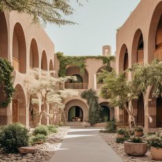 an outdoor courtyard with potted trees and plants on the walkway between two large buildings