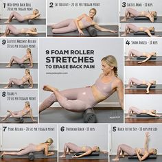 the instructions for how to do an exercise with foam rollers on her stomach and back