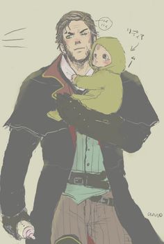 a drawing of a man holding a baby