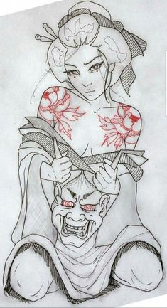 a drawing of a woman with flowers on her head and an evil demon behind her