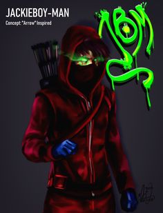 a drawing of a man in a red hoodie with green neon lights on his face