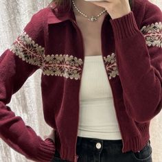 Vintage Polo Collar Zip Up Knit Cardigan Preppy Casual Outfits Winter, Crochet Zip Up Sweater, Knitted Cardigan Aesthetic, Gabby Aesthetic, Grandma Outfit Aesthetic, Cardigans Aesthetic, Aesthetic Cardigan Outfit, Preppy Casual Outfits, Outfit Inspo For Winter