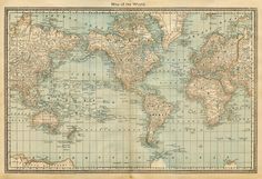 an old map of the world with countries and major cities on it's borders