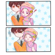 two comics with the same person hugging each other and one is wearing a pink scarf