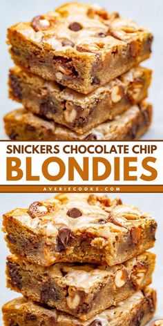 stack of snickkers chocolate chip blondies stacked on top of each other with text overlay