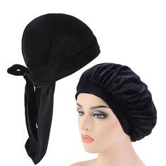 Black Velvet Durag And Wide Band Bonnet Set - Taelor Boutique Yolo Aesthetic, Velvet Durag, Sleeping Hat, Match Velvet, Doo Rag, Velvet Set, Bonnet Cap, Type 4 Hair, Chemo Hat