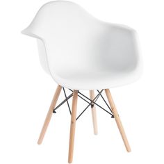 a white plastic chair with wooden legs