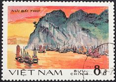 a stamp with an image of mountains and boats