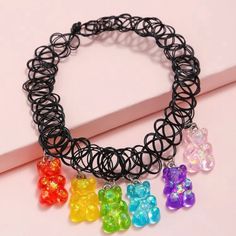 This Colorful Delicious Gummy Or Teddy Bear 5 Bear Tattoo Choker Necklace Is A Wonderful Addition To Your Wardrobe And Your Style! This Fun And Unique Piece Is Sure To Get Lots Of Compliments. Kawaii, Rave, And 90s Style! Tattoo Chokers Were A 90s Staple Fashion Must-Have! Can Be Worn As A Choker Or You Can Wrap It A Couple Times Around Your Wrist Or Ankle For Bracelet Or Anklet Look! Gsumpk50c00jn3m Tattoo Choker Necklace, Silhouette Necklace, Tattoo Choker, Bear Tattoo, Large Pendant Necklace, Nickel Free Jewelry, Daisy Necklace, Layered Necklace Set, Kawaii Accessories