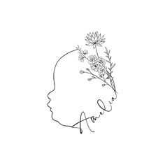 a black and white drawing of a woman's head with flowers in her hair