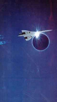 the space shuttle is flying in front of the moon and sun as it approaches earth's horizon