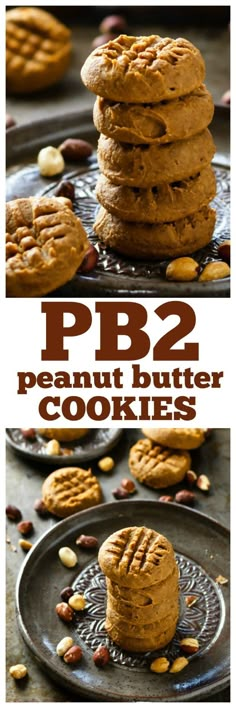 peanut butter cookies stacked on top of each other with the words pb2 written above them