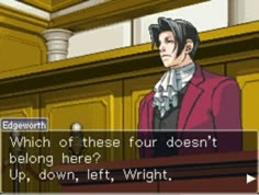 an animated image of a man standing in front of a podium with the words which of these four doesn't belong here? up, down left, right, wright