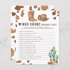 a baby shower game with the words who knows mommy best written in brown and white