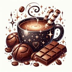 a cup of coffee with chocolate and candy