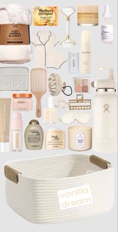 an assortment of beauty products displayed on a gray background with the words vanilla dream written in white