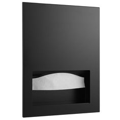 a black wall mounted paper dispenser with tissue in it's holder