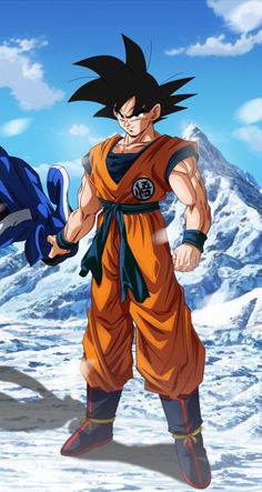 the dragon ball character is standing in front of snow covered mountains and blue skies with clouds