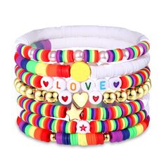 PRICES MAY VARY. 🌈Stacklable Colorful Heishi Bracelets Set--7pcs different style clay polymer beaded bracelet in a pack, including surfer Rainbow bracelet, clay bead bracelet, gold bead bracelet and so on. add LOVE letter and gold heart star charm elements, made your bracelet unique. Arm Candy Bracelets are a perfect addition to any wardrobe whether you wear them individually or design a stack. 🌈Show your pride with these heishi bead bracelets! Brightly colored beads are a perfect pop of color Multicolor Letter Beads Bracelets For Valentine's Day, Multicolor Letter Beads Bracelet For Valentine's Day, Valentine's Day Multicolor Beaded Bracelets With Letter Beads, Bohemian Multicolor Bracelets For Valentine's Day, Valentine's Day Multicolor Letter Beads Stretch Bracelet, Valentine's Day Multicolor Beaded Friendship Bracelets, Pride Month Parade, Disc Bead Bracelet, Lgbtq Jewelry