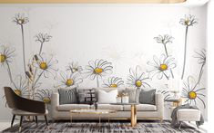 the living room is decorated with daisies and black and white furniture, along with a large wall mural