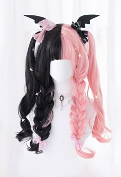 Dark Black And Blush Pink Devil Wig Mixed Color Kawaii Wigs Long, Oc Chart, Oc Hairstyles, Pretty Wigs, Pastel Princess, Κούρεμα Bob, Kawaii Wigs, Oc Inspiration, Anime Wigs