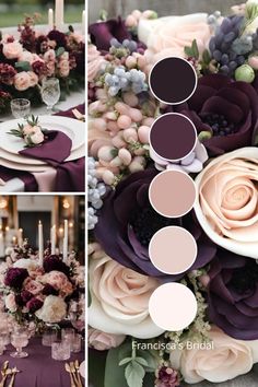 the table is set with purple and pink flowers, silverware, candles, and wine glasses