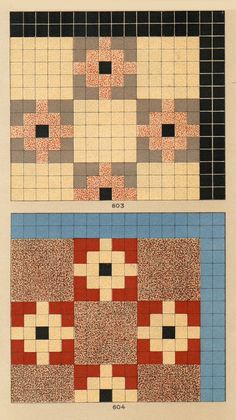 two pictures of different colored tiles with black and white squares on them, one in red and the other in blue