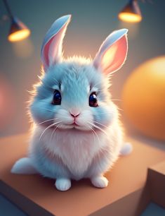 a blue and white rabbit sitting on top of a table next to two orange lights