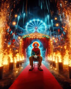 a clown sitting on top of a red carpet in front of a carnival sign with fireworks