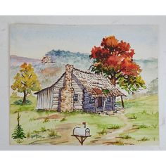 a watercolor painting of an old log cabin