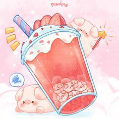 an illustration of a pink drink with ice cream and toppings in it, sitting next to a stuffed animal