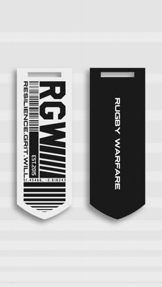 two black and white tags with the words rgwm on them, one is for