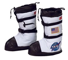 a pair of white and black boots with nasa patches on the side, one has an american flag patch