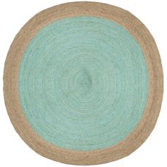 a round rug with blue and tan colors