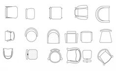 a bunch of different shapes and sizes of backpacks on a white background with black lines