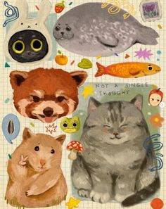 an image of cats and fish on a sheet of paper